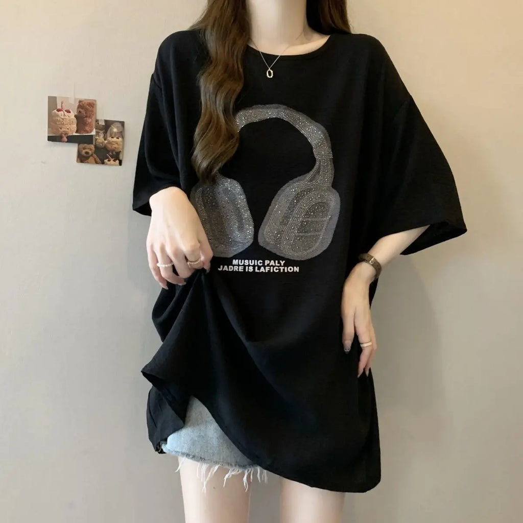 Plus-size women's spring and summer hit loose slimming crinkled ice silk heavy-duty iron-on rhinestone short-sleeve T-shirt