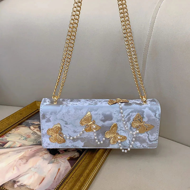 High Quality Textured PU Square Bag Metal Butterfly Pearl Beading Lady Purse Women's Handbag Fashion Shoulder Messenger Bag