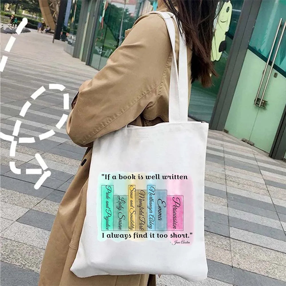 More Pride Less Prejudice Jane Austen Pride Prejudice Elizabeth Darcy Book Bennet Cartoon Shopper Canvas Tote Bag Cotton Handbag