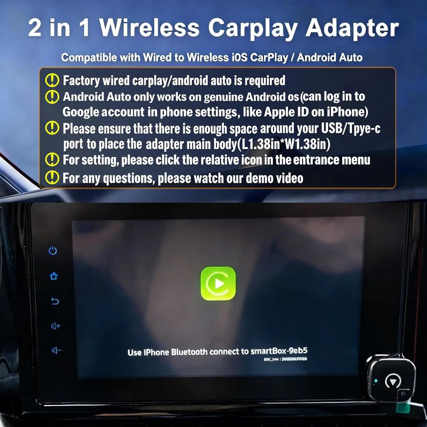 2026 Wireless CarPlay & Android Auto Adapter 2-in-1, WiFi Dual Core,Bluetooth CarPlay Dongle Converts Wired to Wireless, Fast Au
