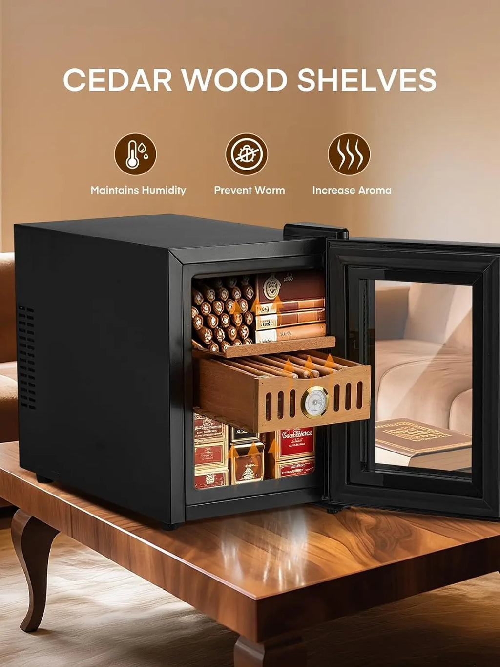 18L Cigar Humidor Cooler, 140-Capacity Electric Cigar Cabinet with Spanish Cedar Shelves, Temperature Control (61-71°F), 360° Air Circulation & Built-in Hygrometer, Triple Glass Door – Black