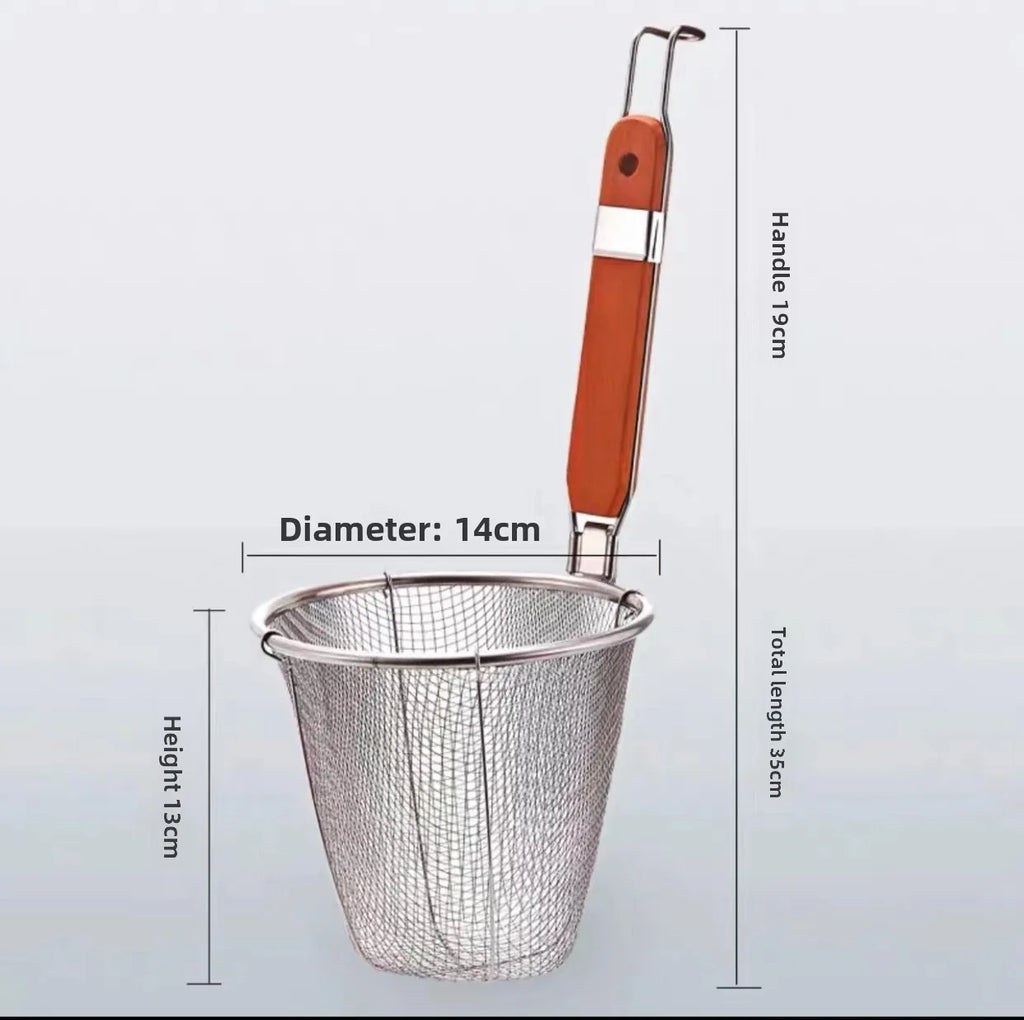 Stainless Steel Noodle Funnel Wooden Handle Multifunctional Fine Mesh Sieve Spoon Thickened Pasta Basket Strainer