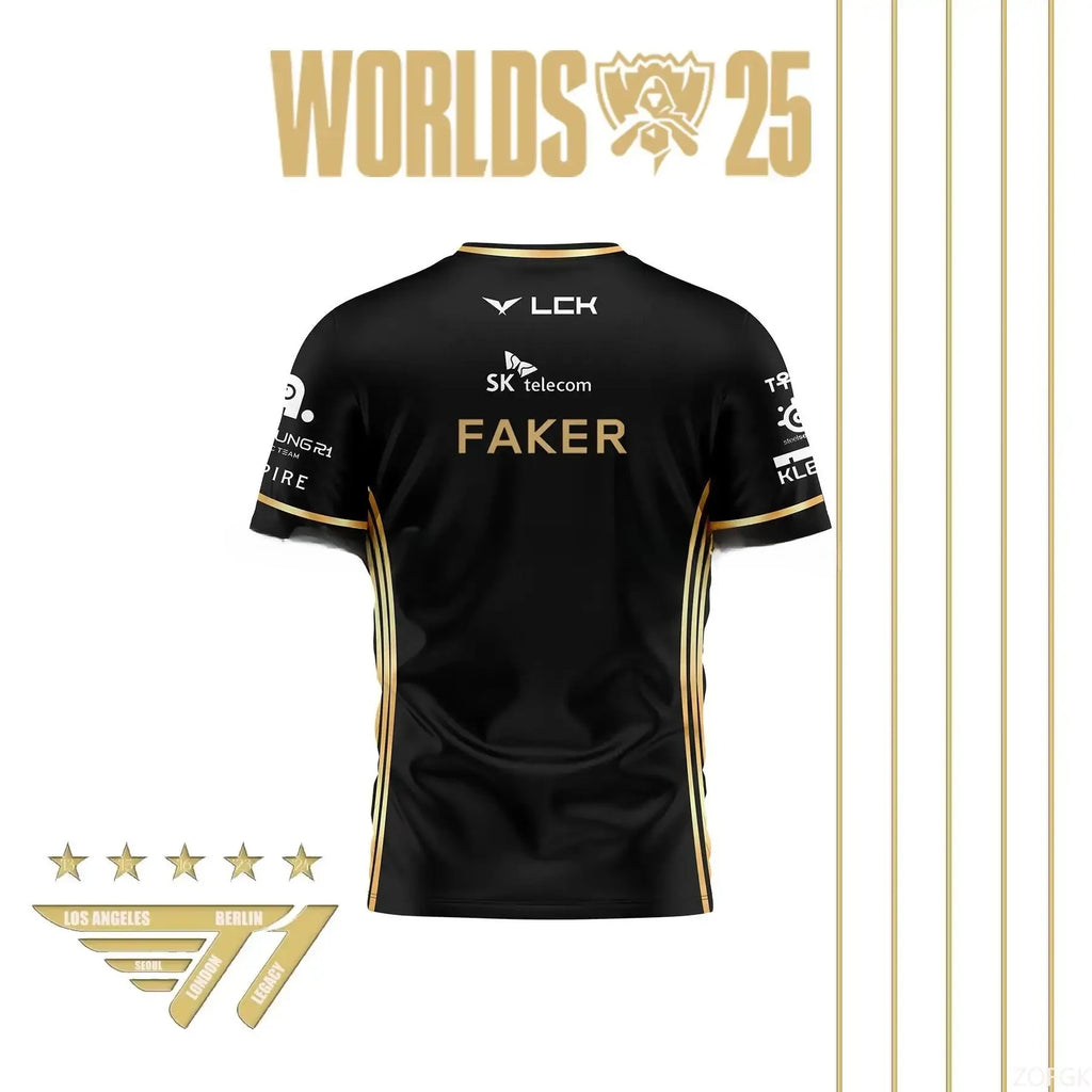 Faker Jersey League of Legends 2025 World Champion All-black Team Jersey T-shirt Lol Esports Lck T1 Team Large  Top