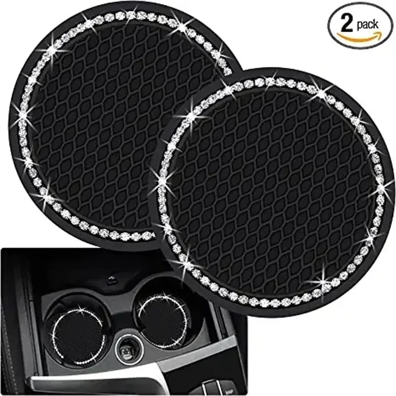 Car Coasters, Universal 2 Pcs Car Coasters for Women Bling Car Accessories, Silicone Anti Slip Crystal Car Cup Holde
