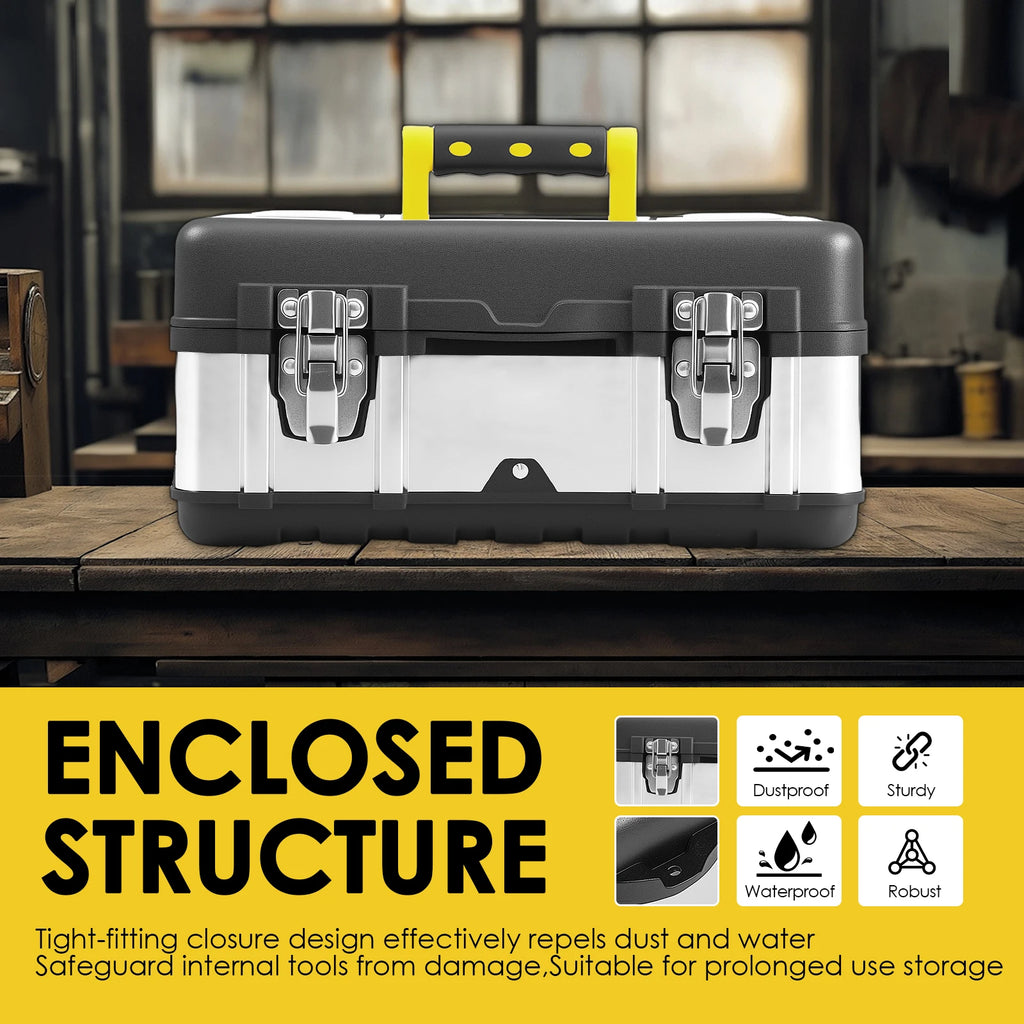 1 Pc Portable Tool Box with Removable Tray Heavy Duty Plastic and Stainless Steel Tool Storage Case for Electrician Auto Repairs