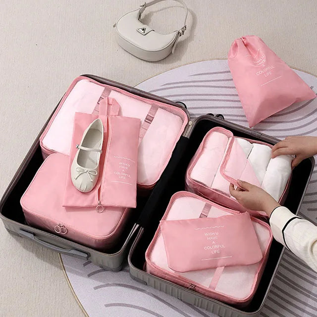 7Pcs Travel Packing Cubes Set Waterproof Luggage Organizer with Drawstring Storage Pouches for Clothes Shoes Underwear - Suitcas