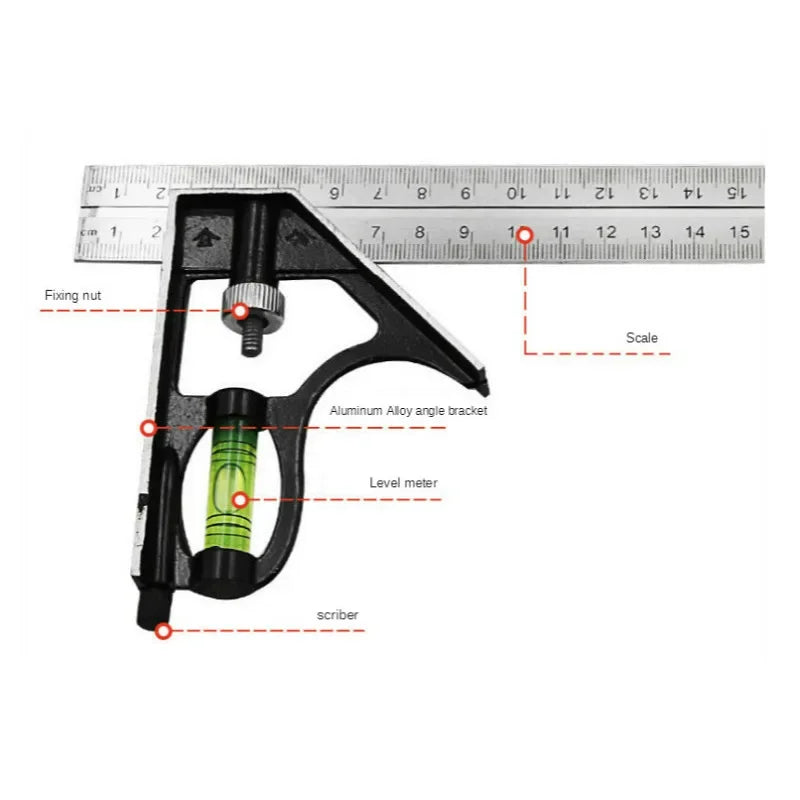 Movable Combination Square with Level 300mm Stainless Steel Angle Ruler for Woodworking 45/90 Degree Angle Finder Carpenter Tool
