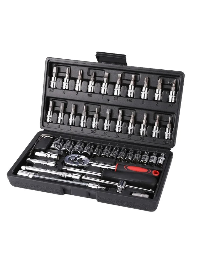 46Pcs Drive Socket Set 1/4 inch Ratchet Wrench Set Sockets Metric Hex Bit Socket Set Mechanic Tool Kit for Auto Repair Hous