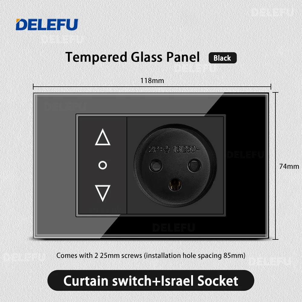 DELEFU Black Tempered Glass Israel USB Type C Fast Charging Wall Socket Light Tuya Wifi Smart Switch Sat TV Tel Doorbell Curtain