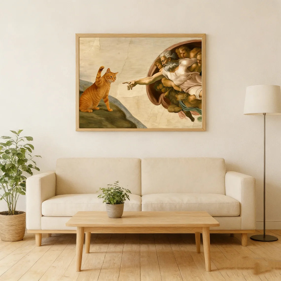 "Whimsical 'Creation of Adam' with Orange Cat Wall Print Decor - Classic Art Parody Poster for Eclectic Living Room, Quirky