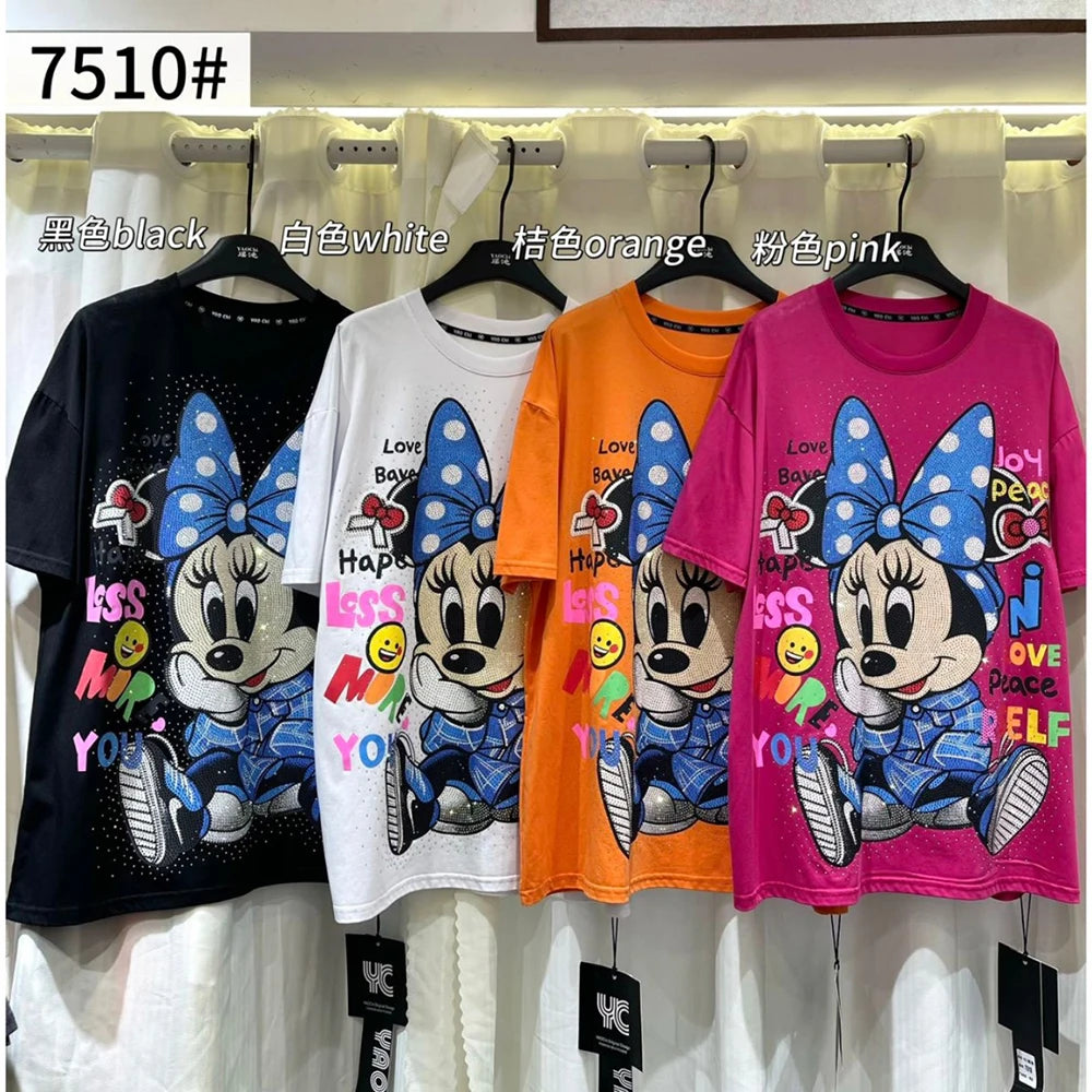 Plus Size Tee Summer Spring New Fashion Design Women Beading Luxury Cartoon Animal Print  Loose Top T-Shirt