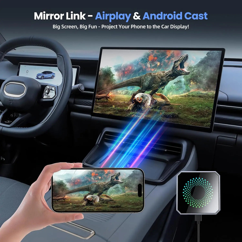 Wireless CarPlay and Android Auto adapters, compatible with Netflix and YouTube. The CarPlay AI box comes with USB-A and USB-C cables, suitable for iPhone and Android devices, converting a wired connection to wireless CarPlay