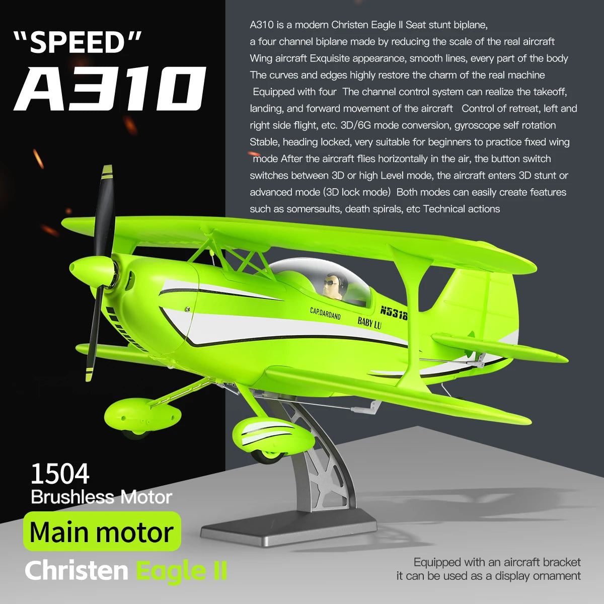 2026 WLtoys RC Biplane Aircraft A310 2.4G Brushless Remote Control Glider 3D6G Fixed-Wing Aircraft Model Stunt Biplane Model Toy