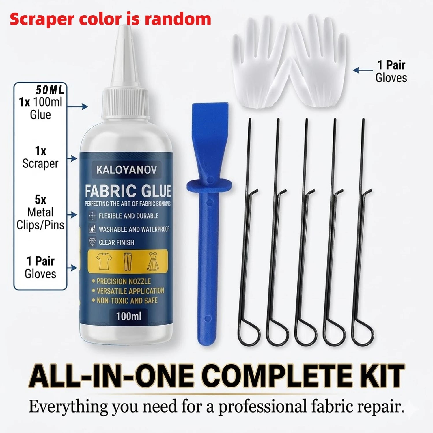 100ml Fabric Glue Set Washable Waterproof Permanent Clear Adhesive with Scraper Clips Gloves for Clothes Denim DIY Repair No Sew