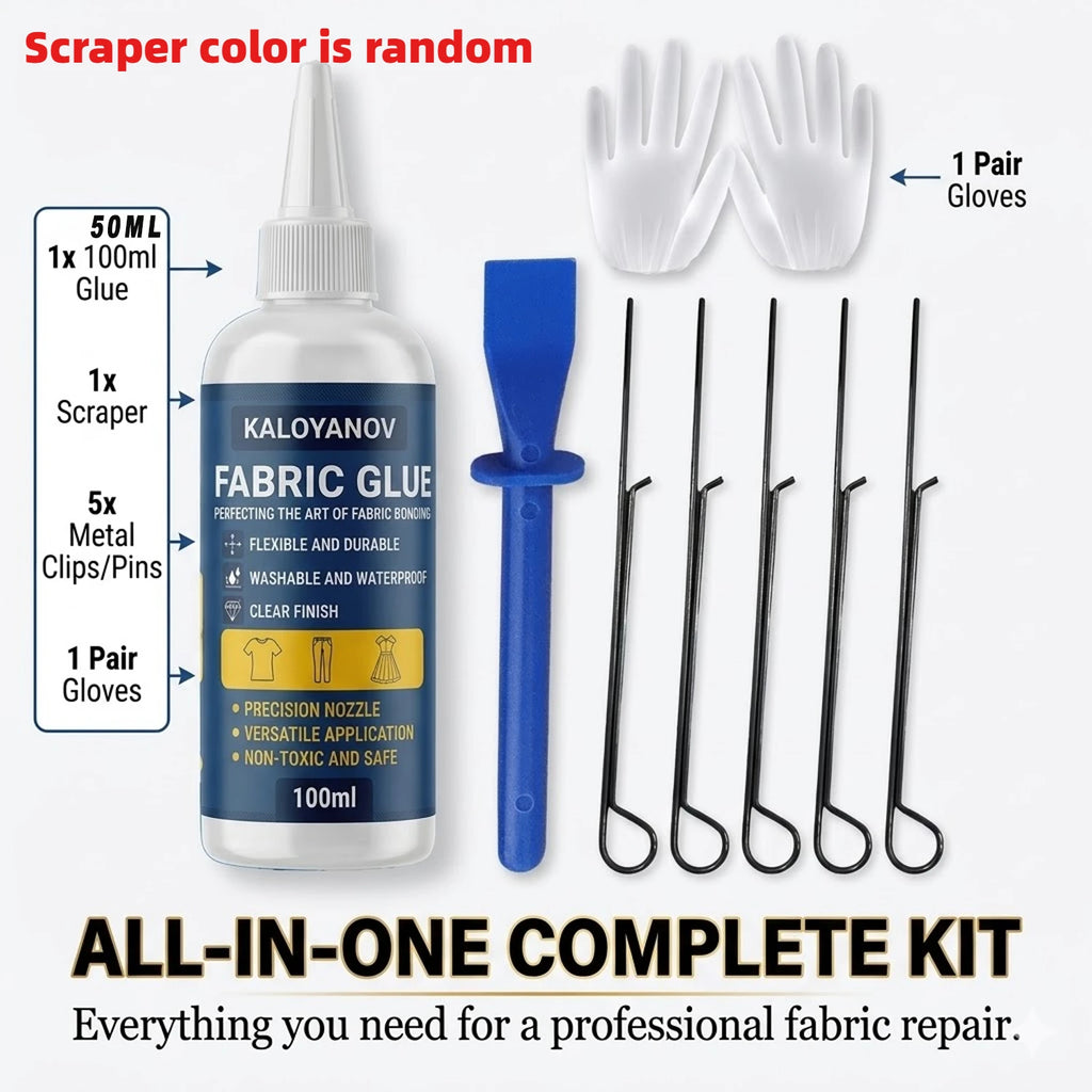 100ml Fabric Glue Set Washable Waterproof Permanent Clear Adhesive with Scraper Clips Gloves for Clothes Denim DIY Repair No Sew