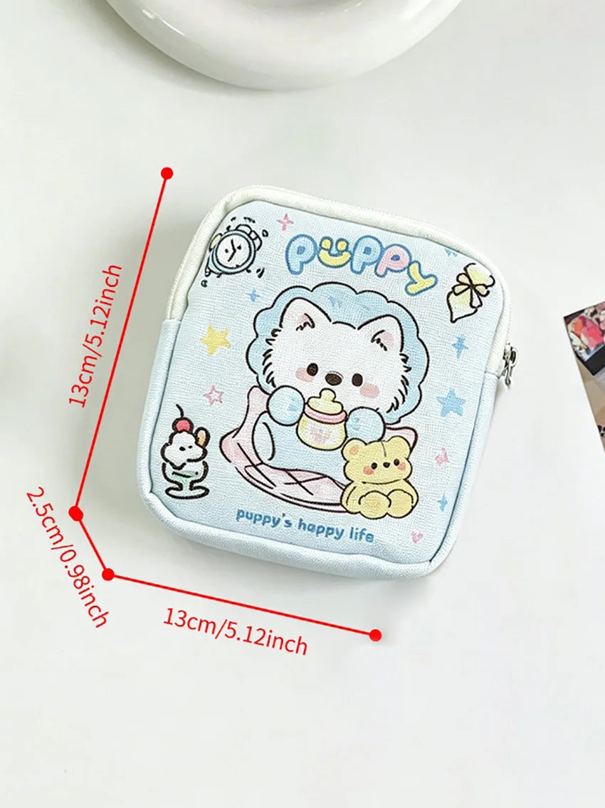 Cute Puppy Print Storage Pouch, Light Blue Handheld Organizer for Cosmetics, Cables, Coins, Travel Must-have