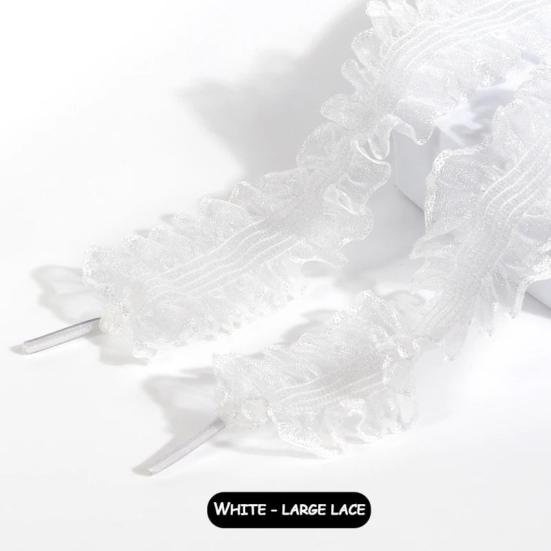 1 pairs Elastic Lace Shoelaces with Ruffled Trim - Fairy wind shoelaces with wooden ear edge（white/black）