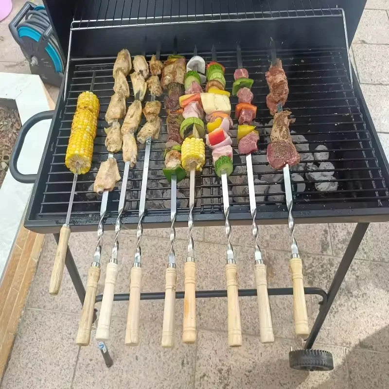 45/55cm BBQ Fork Wood BBQ Skewers Long Handle Kebab Barbecue Grill Sticks Reusable Stainless Steel Outdoor Camping Grill Needle