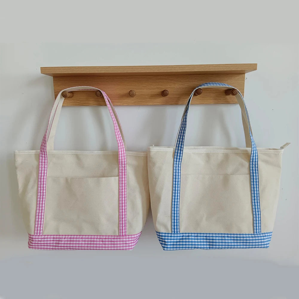 Gingham Canvas Tote Bag For Women Summer Beach Bag With Zipper Closure Roomy Interior Pink/Blue Large Capacity Shopping Bag