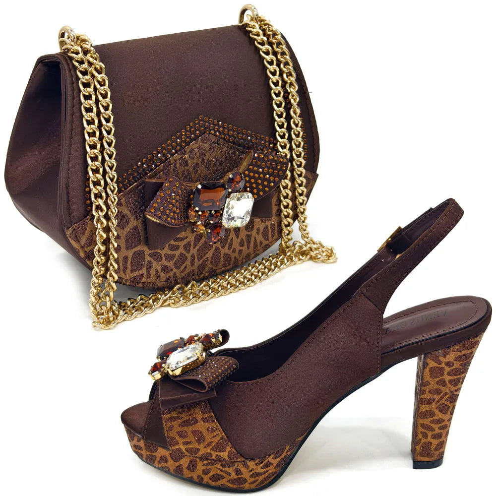 Newest Pink Color Pumps Women High Heels Decorated with Rhinestone Flower Design Party Women's Shoes and Bags Set