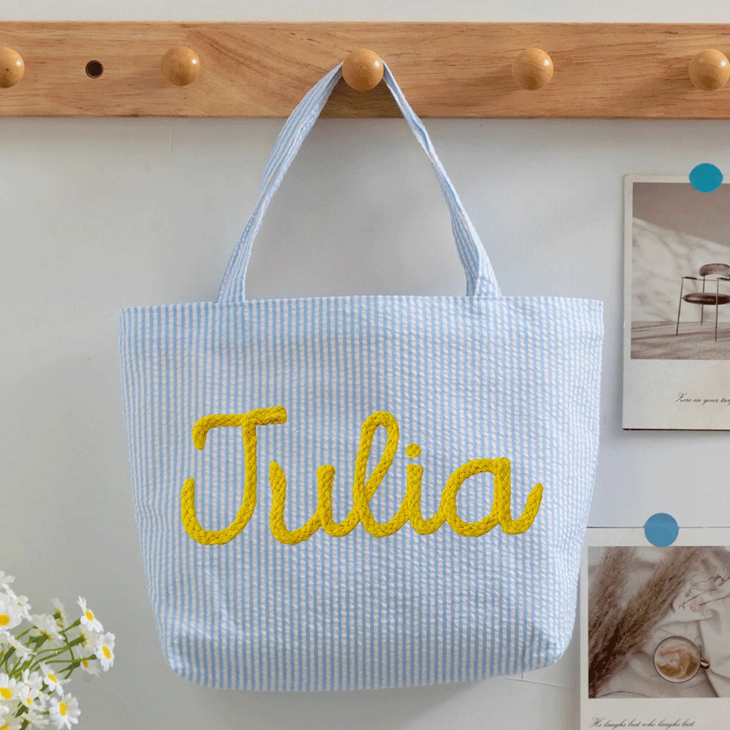 Custom Seersucker Cosmetic Handbag and Travel Organizer — Personalized Chenille Letter Toiletry Bag and Summer Beach Tote