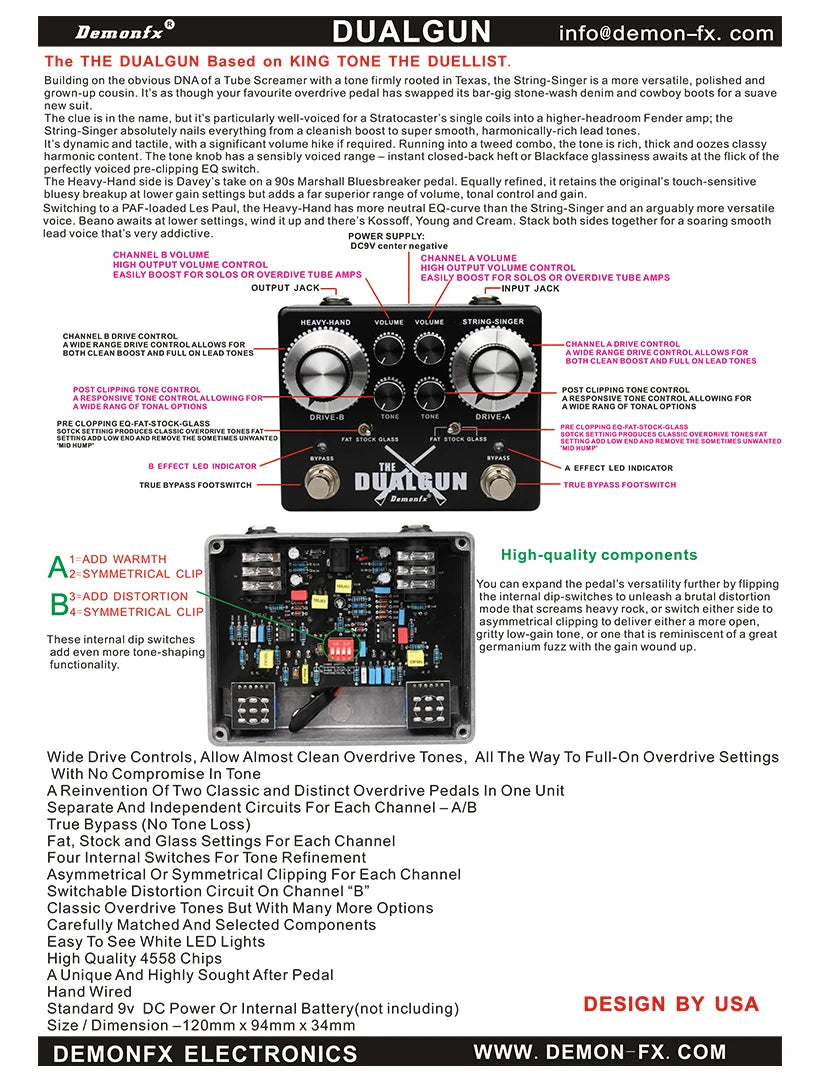 Demonfx Overdriver Guitar Effect Pedal Two Classic and Distinct Overdrive Effects Switchable Distortion Circuit, The Dualgun