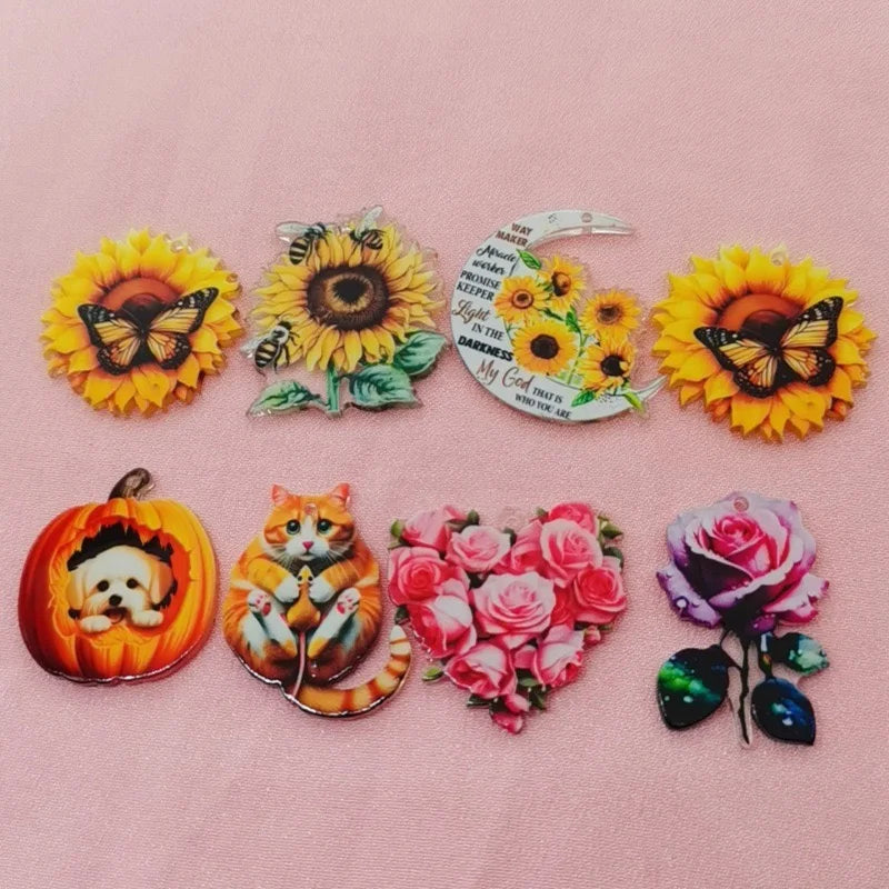 10pcs Acrylic Double sided Colorful Sunflower and Rose Pendant DIY Handmade Jewelry Pendant Accessories Material