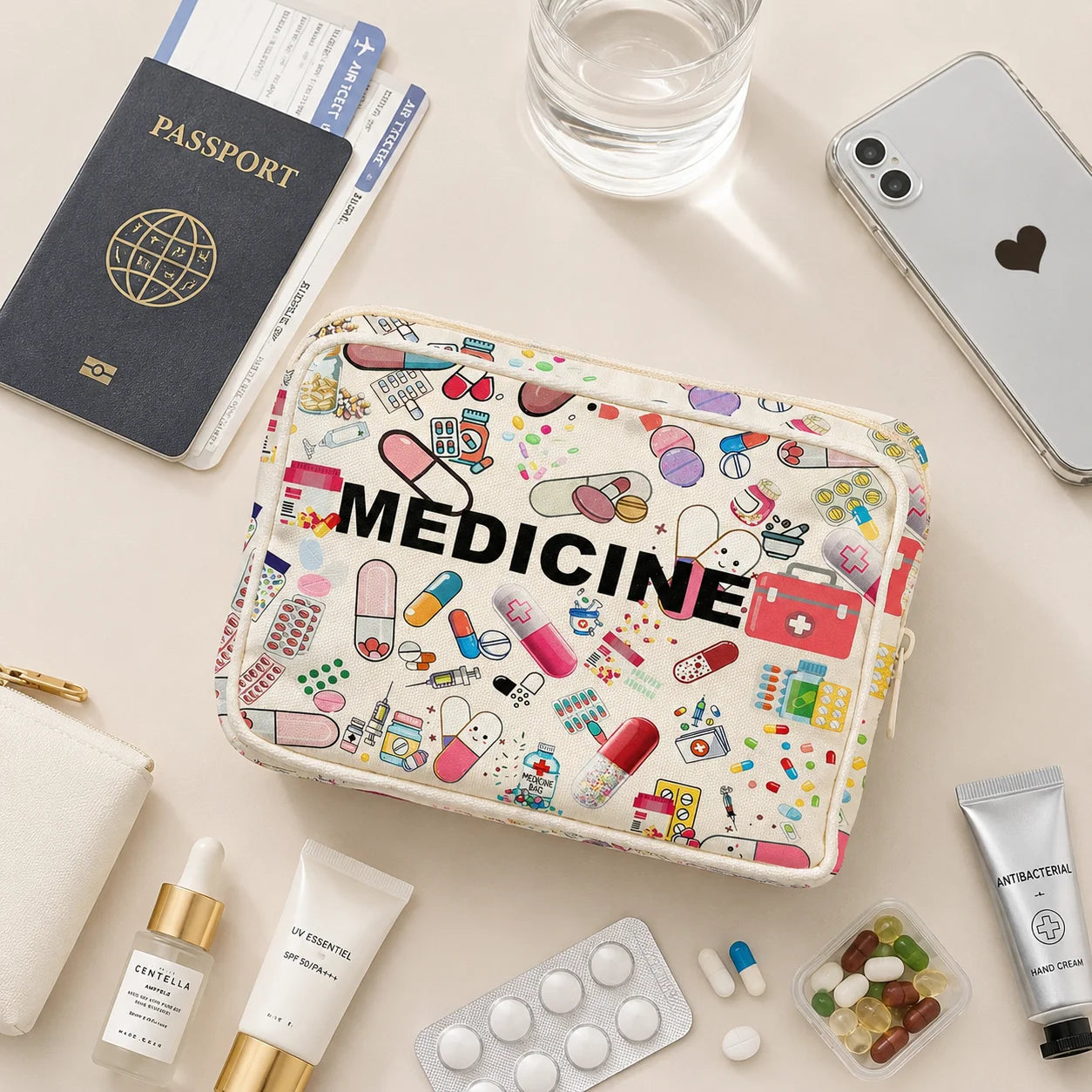 Portable Medicine Bag, Cute Pill Print Large Capacity First Aid Organizer Case for Women, Travel, Home, Camping & Emergency