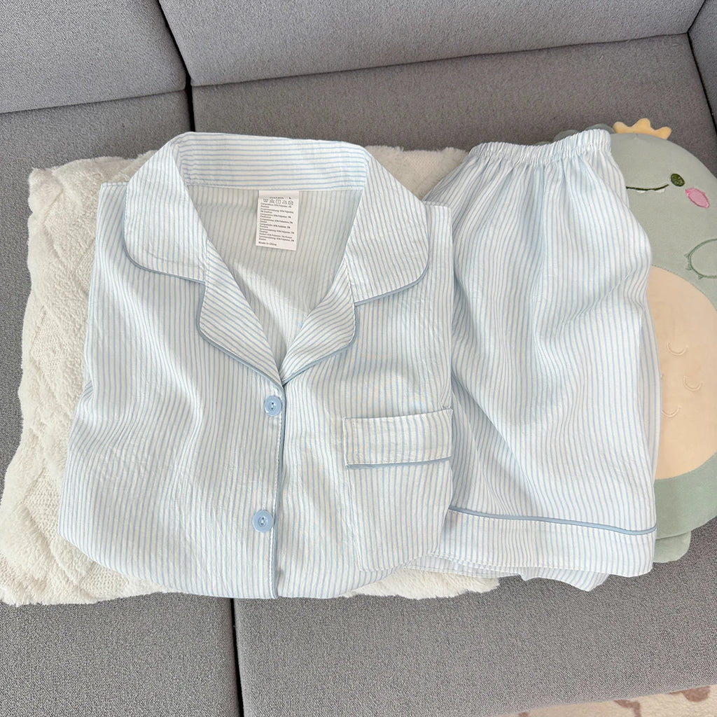 Women's Summer Pajamas, Thin Striped Pattern Short-Sleeved Shorts, Sweet and Cute, Can Be Worn Outside in Summer, Two-Piece Home Wear Set
