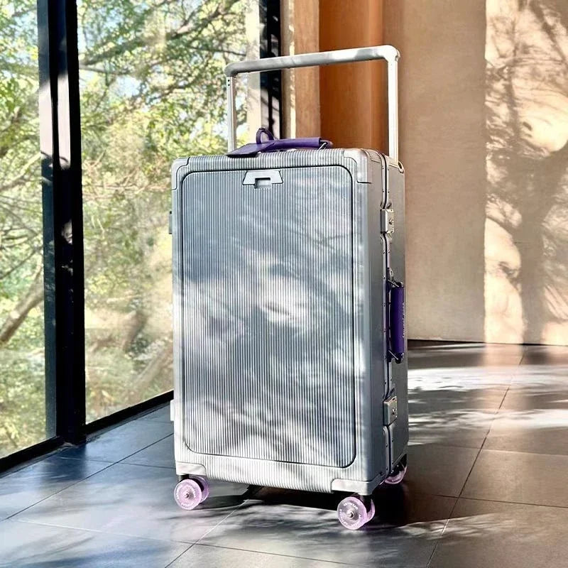 Front opening luggage with aluminum frame, ice skating wheel, leather suitcase, pull rod suitcase, women's suitcase, small suitc