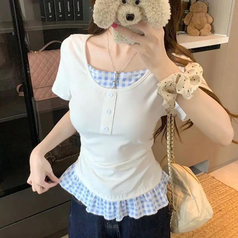 Summer Plus Size Women's New Commuter Style Fake Two-Piece Color-Contrast Spliced Plaid Round Neck Short Sleeve T-Shirt