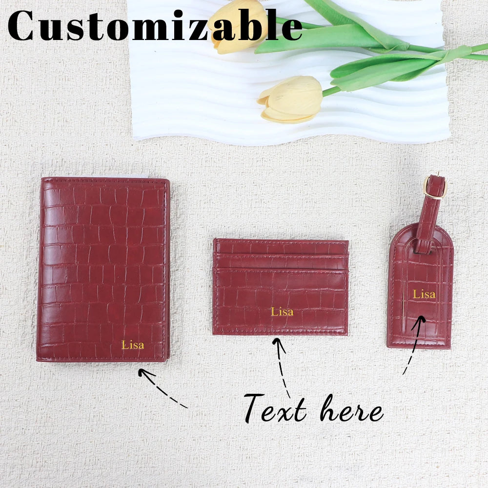 Customized name PU leather luggage tag card case passport case combination card case anti-theft travel suitcase accessories