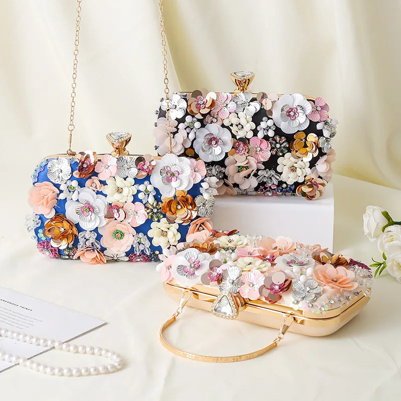 Floral Evening Dinner Handbag Beaded Flower Clutch Bag Metal Chain Crossbody Bag Banquet Handbag Wedding Prom Purse Dropship