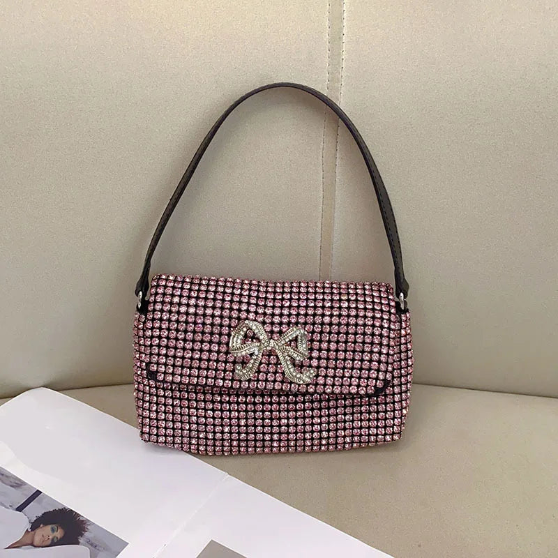 Full Rhinestone Bow Large Capacity Portable Personalized Banquet Diamond Flip Small Square Bag Underarm Crossbody
