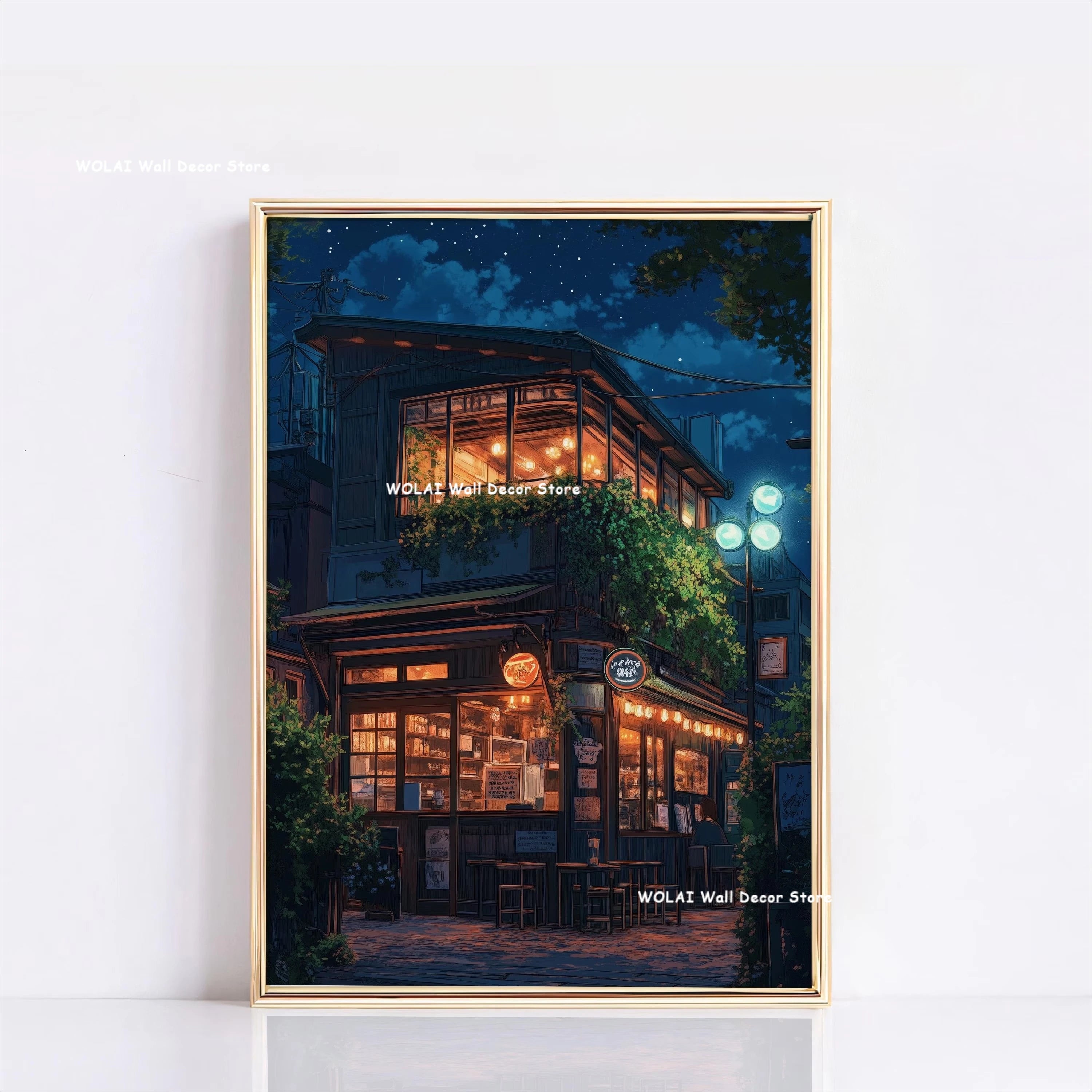 Anime Cafe Shop and Bicycle Canvas Poster Ghibli Work Anime Style Street Cafe Scene Wall Art Printing for Living Room Home Decor