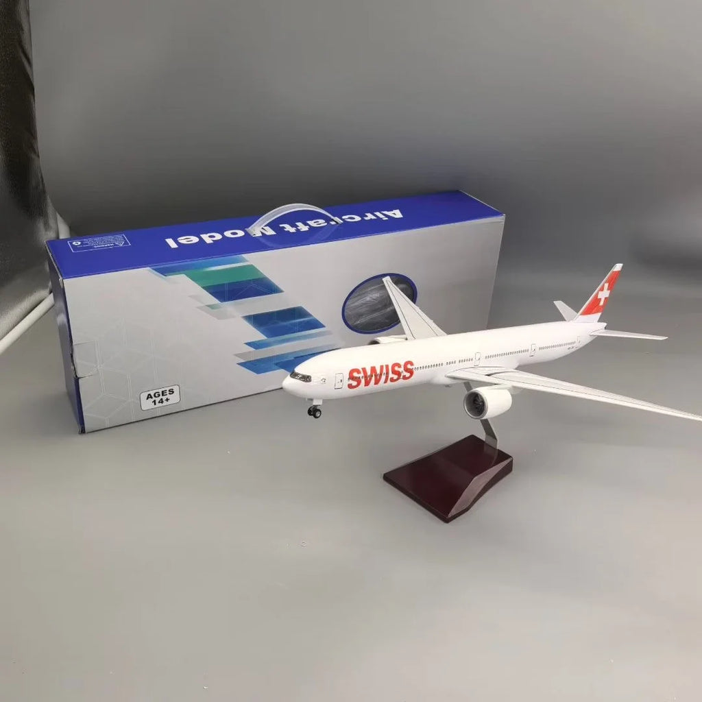 Scale 47cm B777 Swiss Airways Switzerland with Light And Wheels Die-cast Resin Aircraft Model Collectible Display Toy Airplane