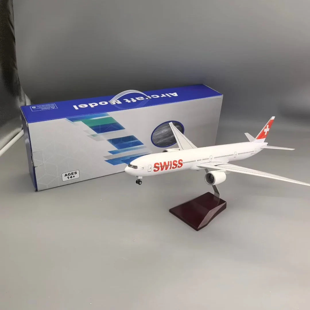 Scale 47cm B777 Swiss Airways Switzerland with Light And Wheels Die-cast Resin Aircraft Model Collectible Display Toy Airplane