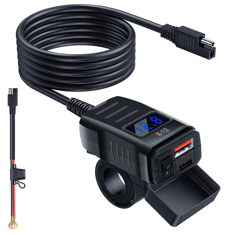 Motorcycle Vehicle-Mounted Charger Waterproof Adapter 12V-24V Phone USB PD Ports Quick Charge 3.0 With Switch Digital Voltmeter