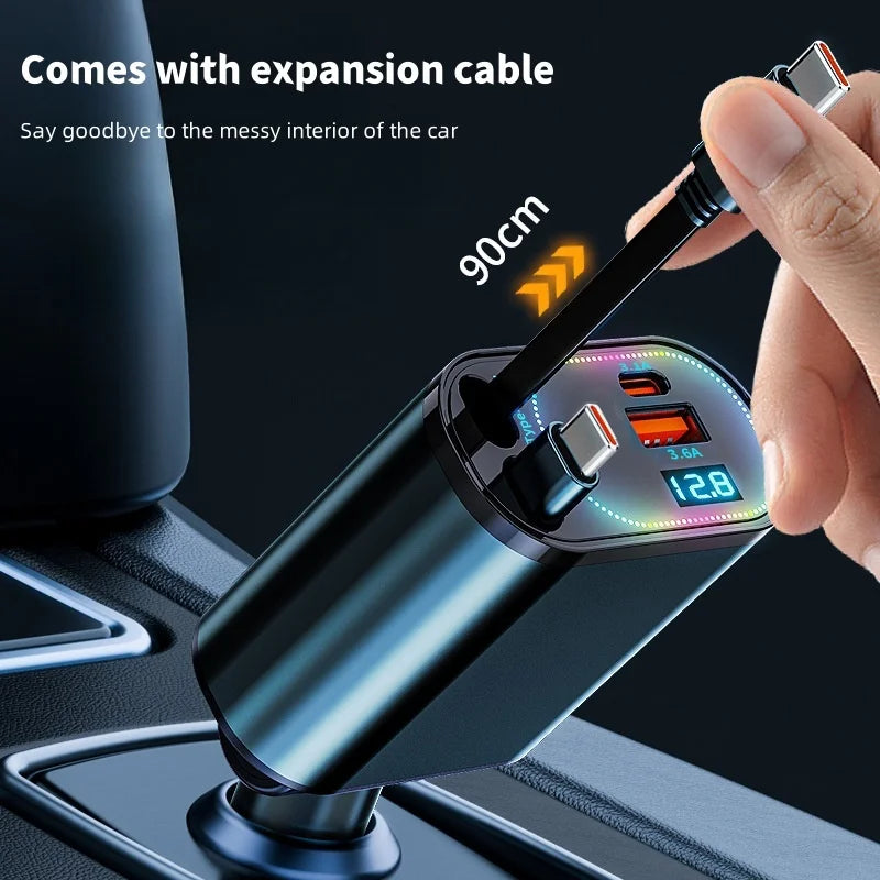 4 IN 1 Retractable Car Charger Dual USB Type-C PD Retractable Cable For  Samsung Fast Charging Cord Cigarette Lighter Adapter