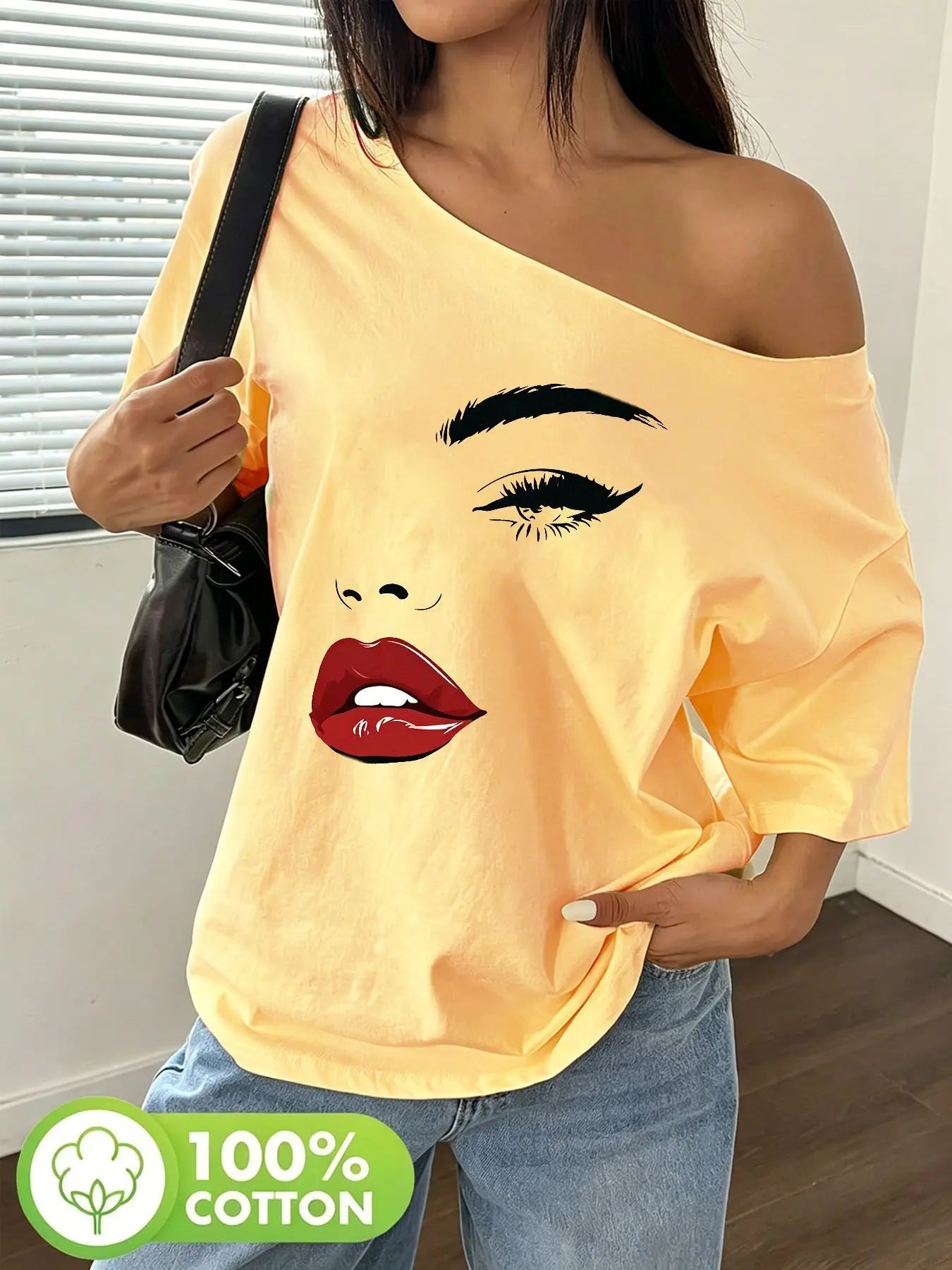 Plus Size Women's Y2K Style Graphic T-Shirt, Bold Pop Art Face Print with Glossy Lips and Dark Eyes, 100% Cotton Shoulder Loo