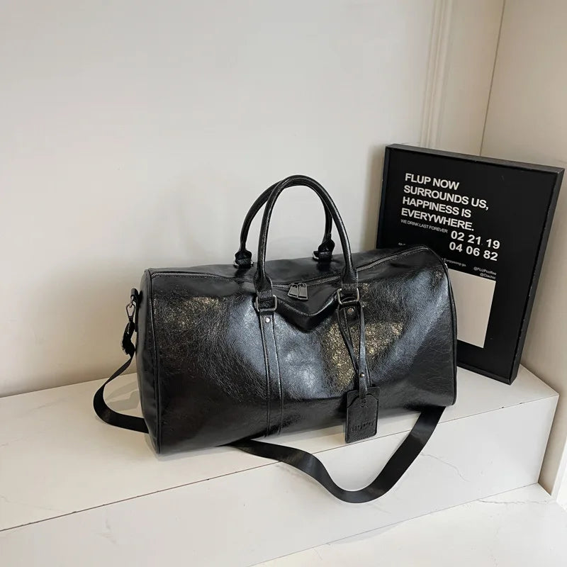 1pcs PU Leather Travel Bag Reinforced Double Handles Multi Zipper Pockets Men Daily Workout Portable Crossbody Storage Bag