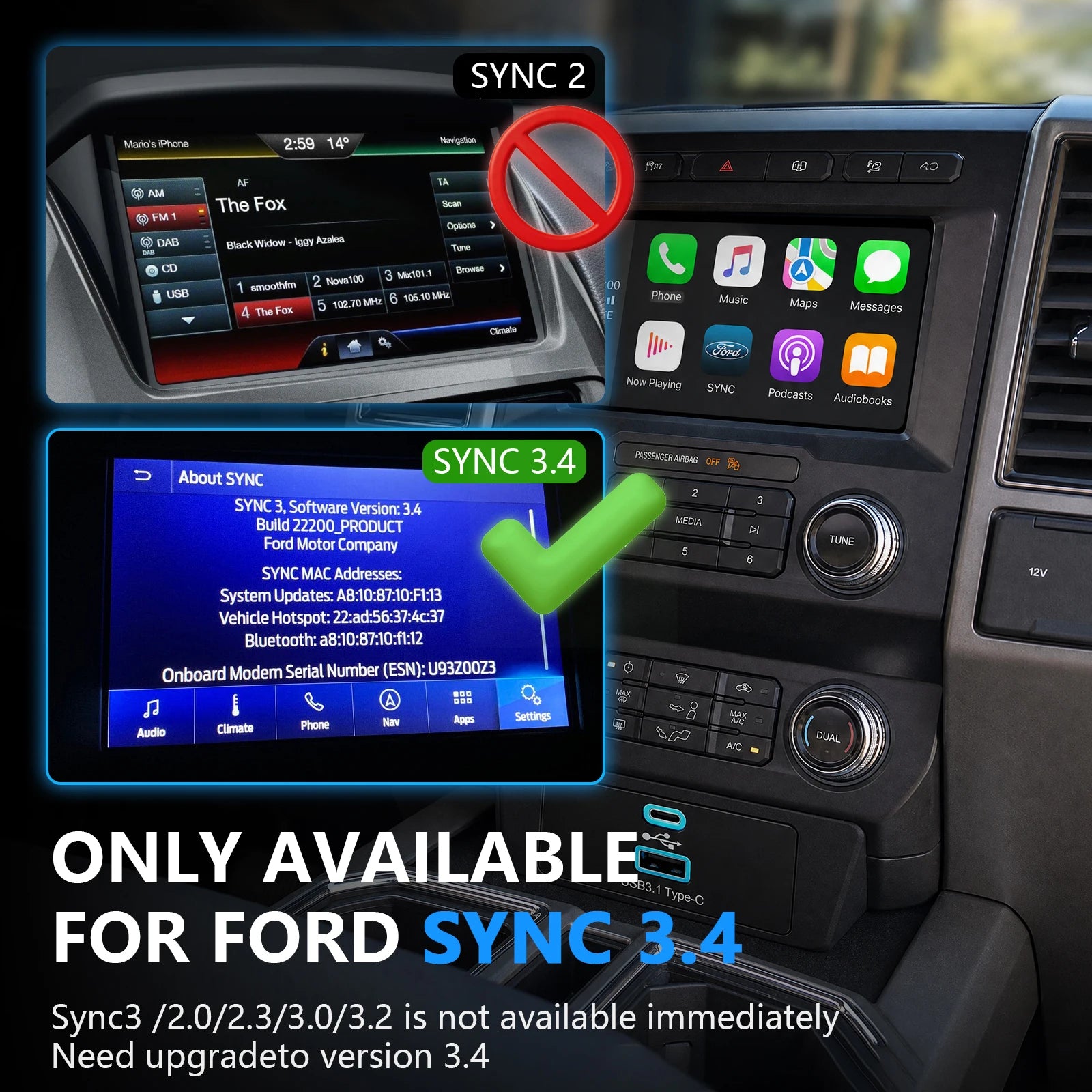 Wireless Carplay&Android Auto 2 USB Hub Module Upgrade For Ford & Lincoln F150 Mustang Mondeo Sync 3.4 Models 2016-2023