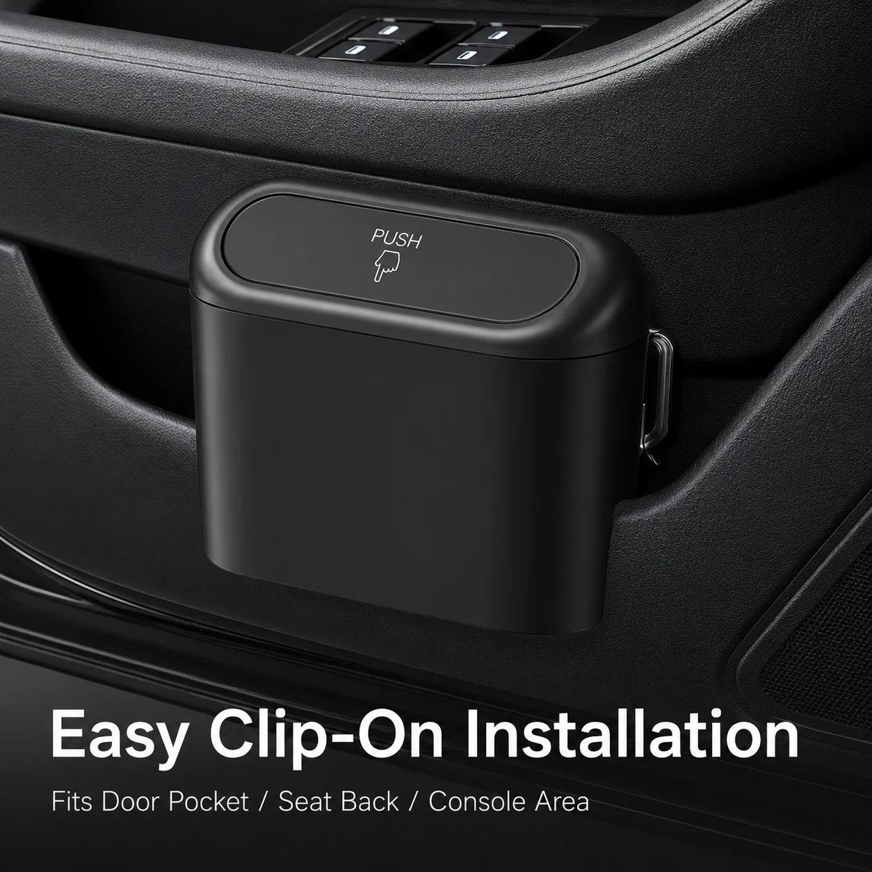 Universal Car Trash Can Organizer Waterproof Clip-On Garbage Bin with Push Lid Bag Roll for BMW Audi Mercedes Benz VW Porsche