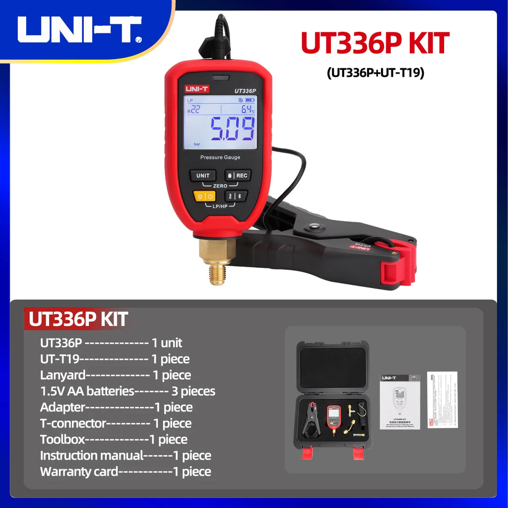 UNI-T UT336P KIT Digital Pressure Gauge Kit with UT-T19 Temperature Gauge Bluetooth APP Clamp for HVAC Maintenance
