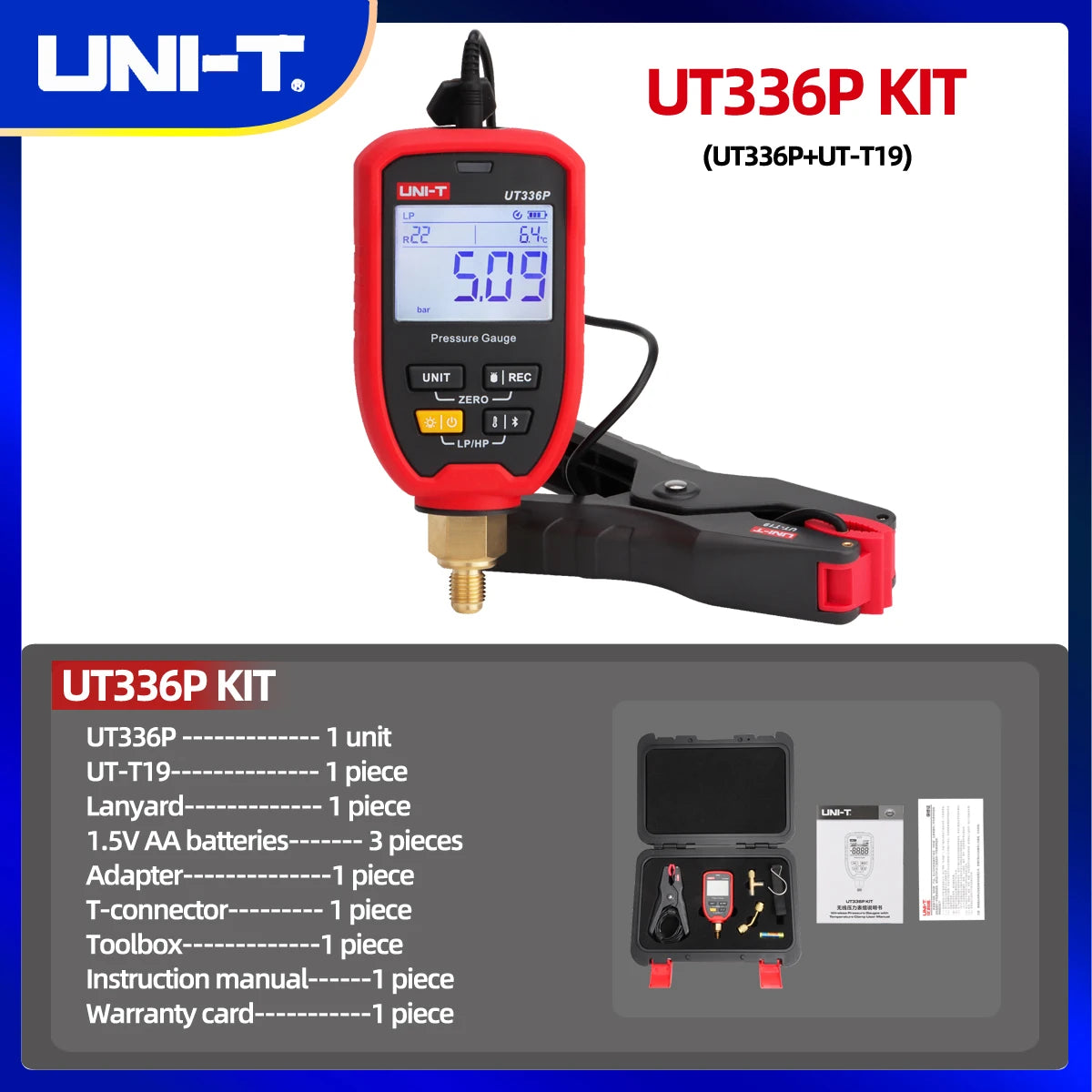 UNI-T UT336P KIT Digital Pressure Gauge Kit with UT-T19 Temperature Gauge Bluetooth APP Clamp for HVAC Maintenance