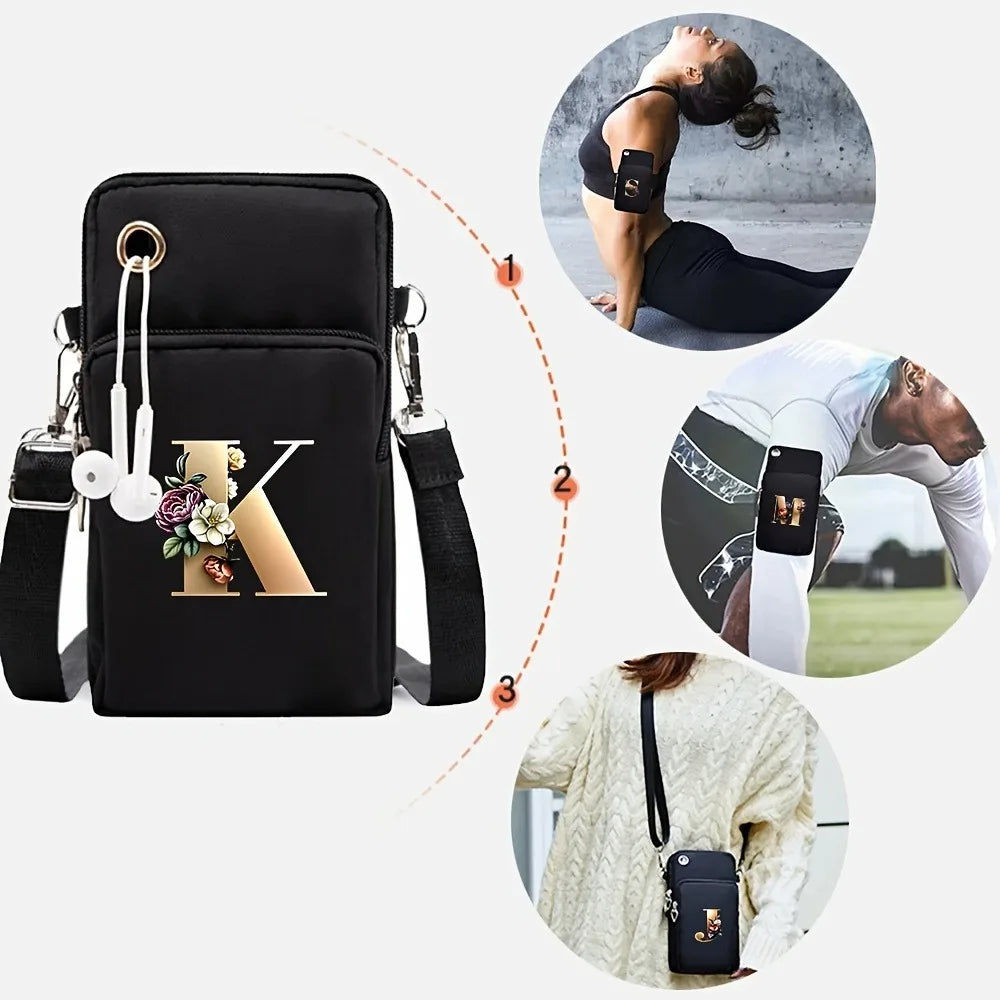 Fashion A-Z Letter Print Women's Crossbody Bag Large Capacity Three-Layer Zipper Phone Bag Daily Travel Coin Purse