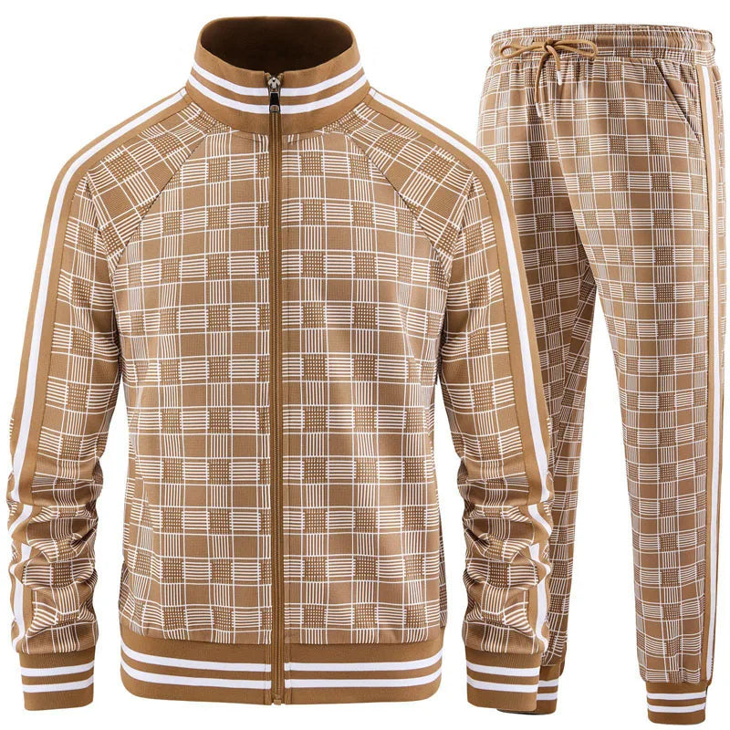 New Spring Autumn Plaid Printed Mens Zipper Jacket Sports Wear Sweatshirt Casual Outdoor Sports Checks Tracksuit Coat+Pant Set