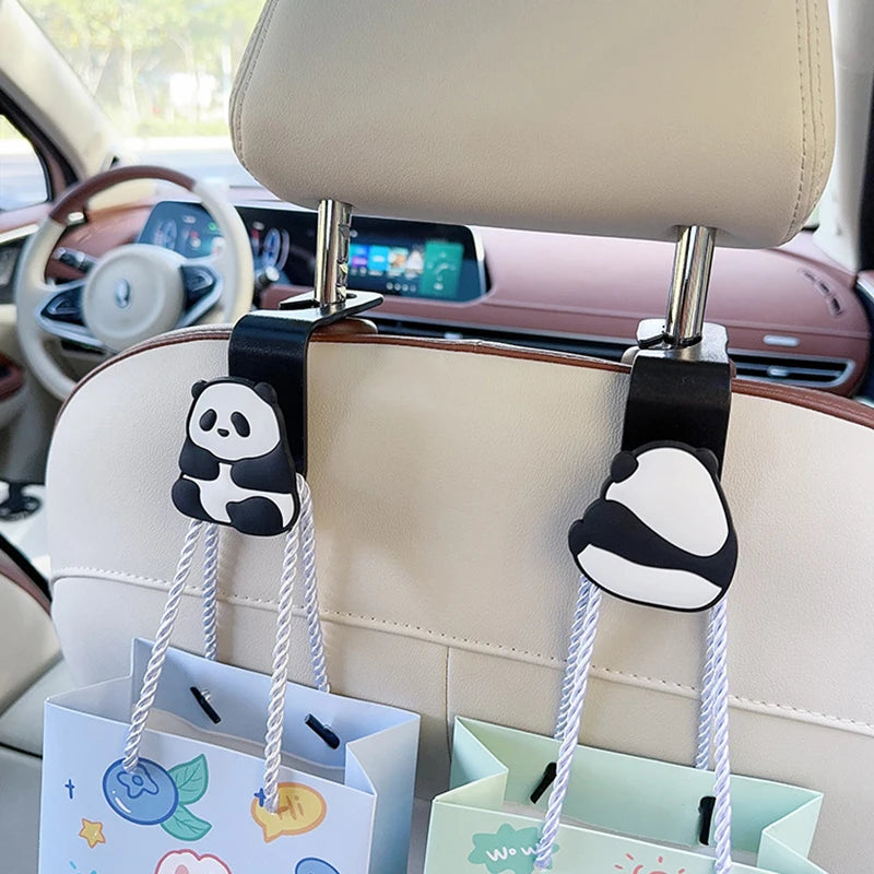 2pcs Cute Cartoon Panda Car Seat Headrest Hook - Universal Vehicle Storage Organizer for Handbags, Wallets, and Jackets
