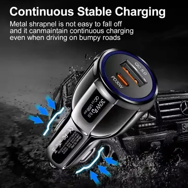 30W Car Charger Dual Port PD QC 5.0 USB Adapter Blue LED Glow Stable Metal Shrapnel Design For Smart Phones and Dash Cams