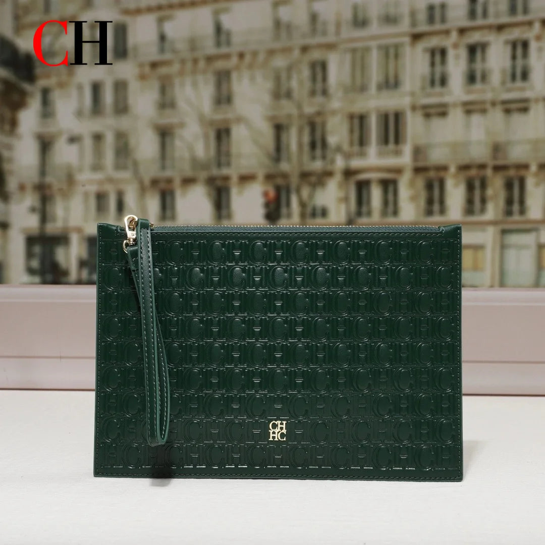 CH Clutch Bag Women Embossed Monogram PU Leather Wristlet Handbag Zipper Envelope Purse Large Capacity Evening Daily Wallet